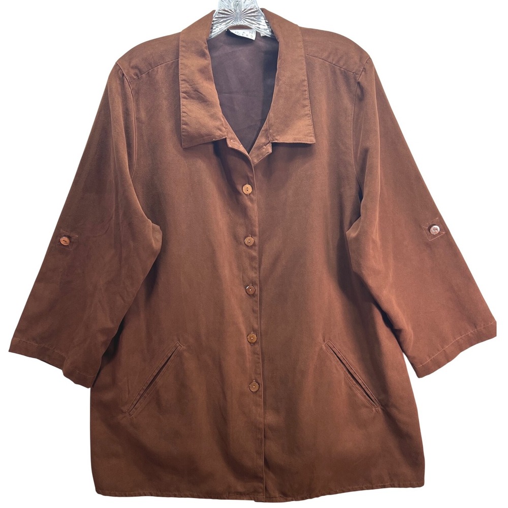 Joan Rivers Brown Faux Suede Button Front Shirt Jacket XL Cinnamon Brown Pocket